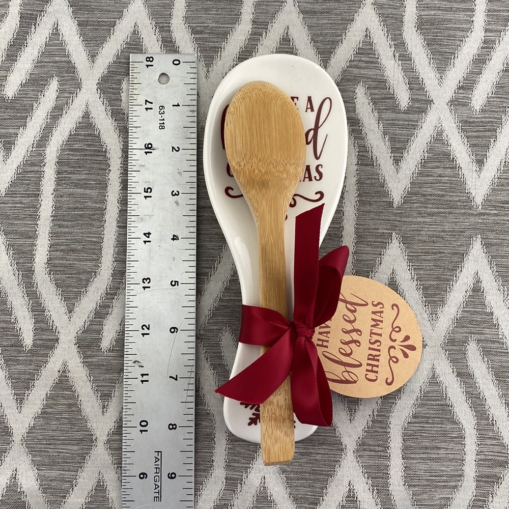 Ceramic Have a Blessed Christmas Spoon Rest & Wooden Spoon NWT Hostess Gift - Picture 6 of 6